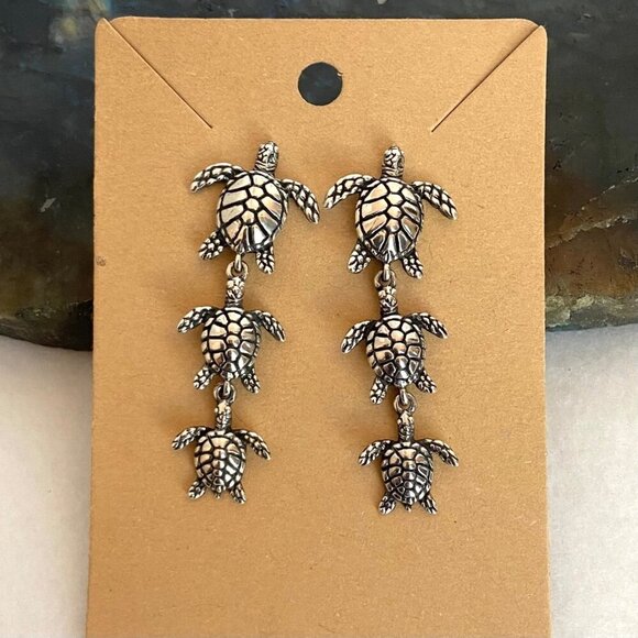 VTG Kabana Sterling Silver 925 Dimensional Sea Turtle Trio Dangle Drop Earrings